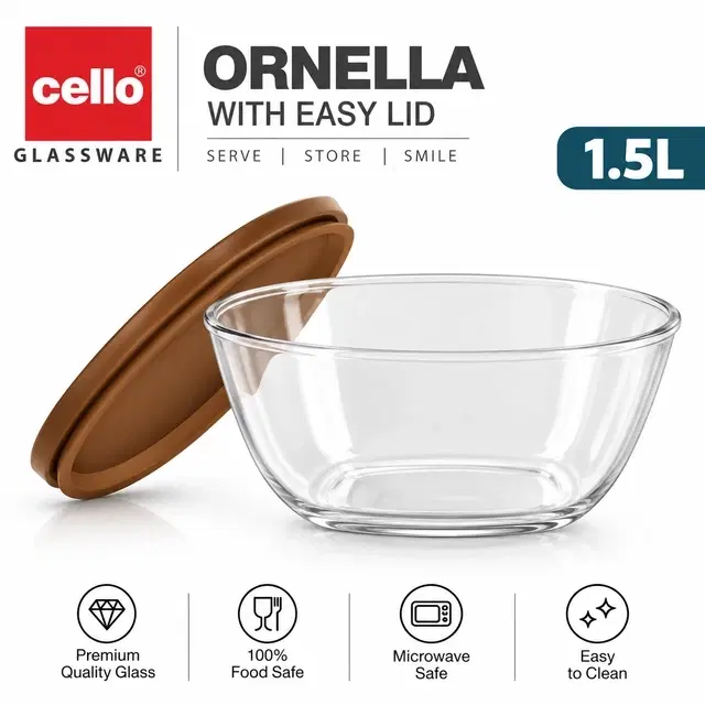 Cello Ornella Glass Mixing Bowl with Easy Lid, 1.5 L, Brown | Pack of 1 | Airtight Easy Lid | Microwave Safe | Mix, Serve & Store