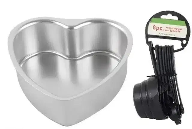 Combo of Aluminium Heart Shape Cake Mould with Measuring Cups & Spoons Set, Pack of 9, Multicolor