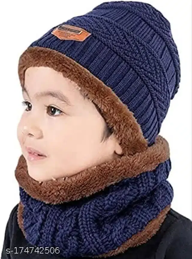 Woolen Winter Beanie Cap with Neck Warmer for Kids (Navy Blue, 0-2 Years)