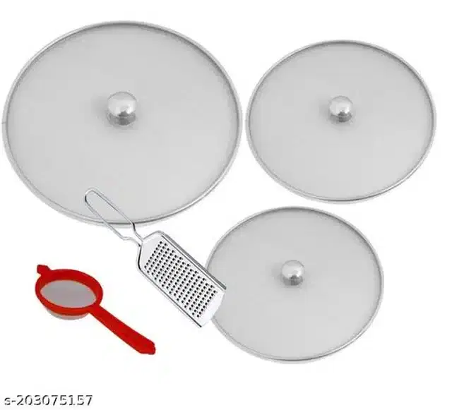 Metal Net Lids, 3 Pcs with Cheese Grater & Tea Strainer, Red & Silver, Set of 5