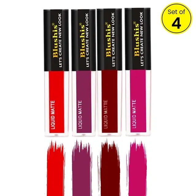 BLUSHIS Non Transfer Insta Beauty Waterproof Longlast SensationaL Liquid Matte Mini Lipstick Combo Pack Of 4 Red,Purple Maroon and Magenta Colour Shade, Multicolor, 16 ml