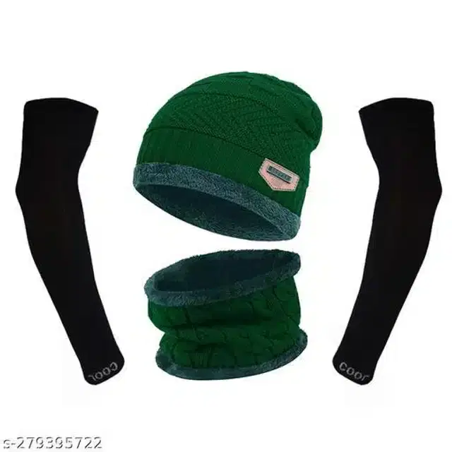 Woolen Beanie Cap with Neck Scarf & Arm Sleeves for Men & Women, Set of 2 (Multicolor)