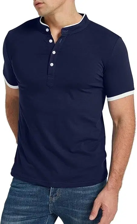 Mandarin Collar Solid T-Shirt for Men, Blue (XXL)