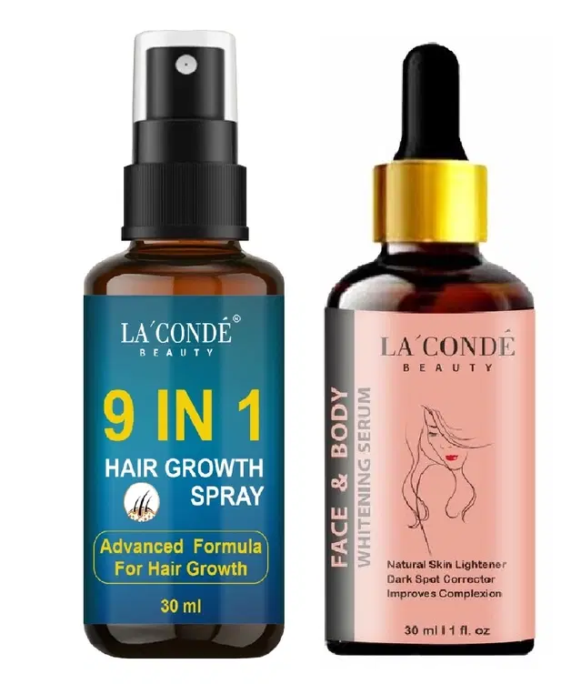 Combo of La'Conde Beauty 9 in 1 Hair Growth Spray & Face and Body Whitening Serum, 30 ml, Set of 2