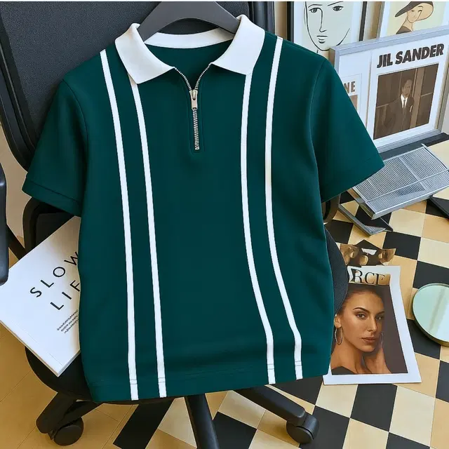 Cotton Blend Colorblocked Polo Neck T-Shirt for Men, Green (S)