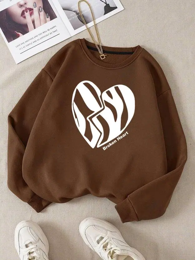 Women's Graphic Print Long Sleeve Round Neck Sweatshirt, Brown (M)