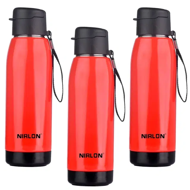 Nirlon Electro Pu Insulated Stainless Steel Inner Side Set Of 3, 750Ml, Break Proof, Leak Proof, Hot & Cold Water Bottle For Home| School | Office | Gym | Hiking | Travel Bottle (Red)