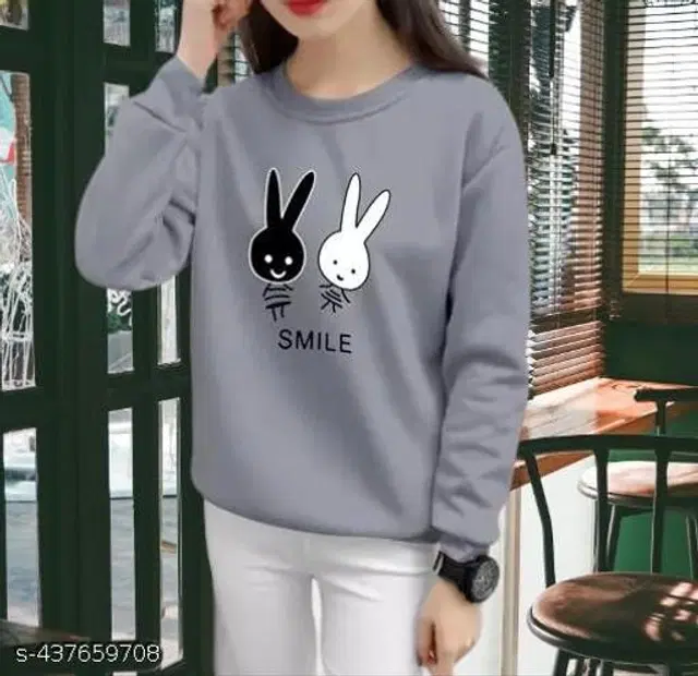 Cotton Blend Printed Sweatshirt for Women (Grey, L)