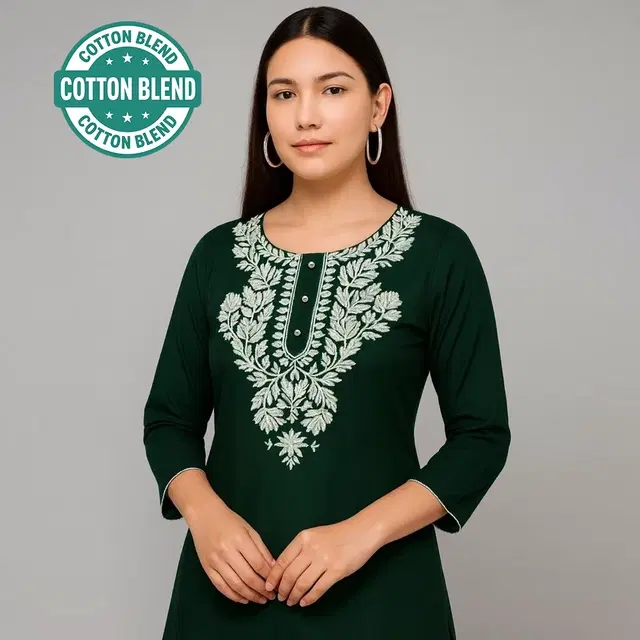 Cotton Embroidered Short Kurti for Women, Green (S)
