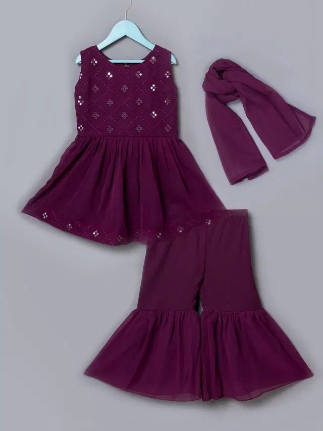 Rayon Sequinned Kurti with Sharara & Dupatta for Girls (Wine, 2-3 Years)