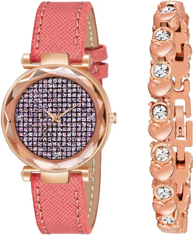 Leather Strap Analog Watch with Bracelet for Women & Girls, Set of 2 (Multicolor)