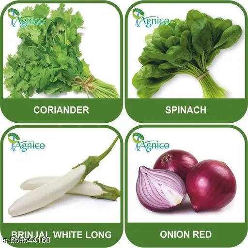 4 Vegetable Seeds Combo With Instruction Manual(Coriander/Spinach/Brinjal White Long/Onion Red)