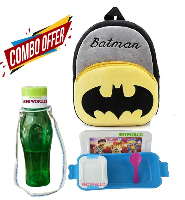 Combo of Fabric School Bag, Water Bottle with Lunch Box for Kids, Multicolor, Set of 3