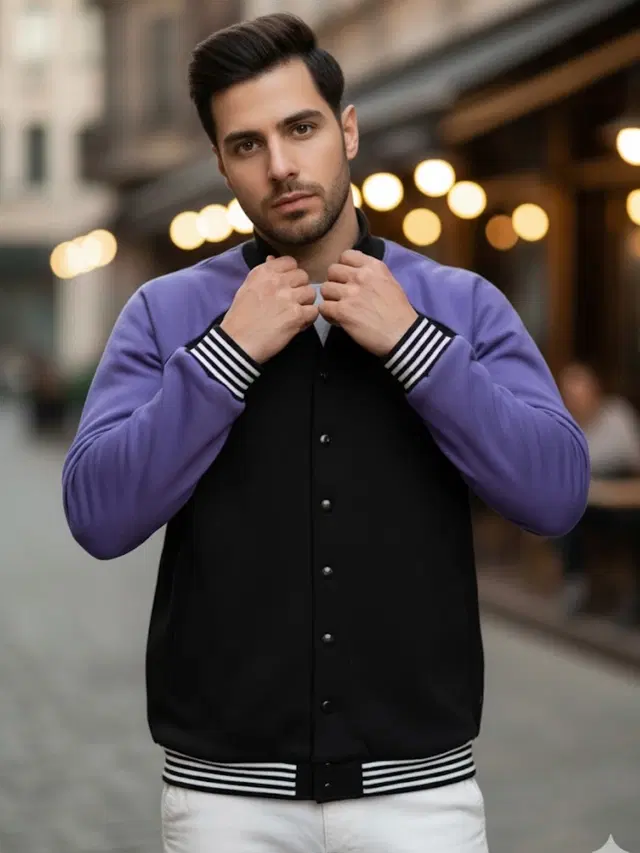 Fleece Solid Jacket For Men, Purple & Black (M)