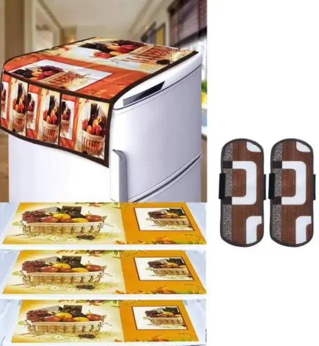 Knit Printed Fridge 3 Pcs Mat with 2 Pcs Handle & Top Cover, Multicolor, Set of 1