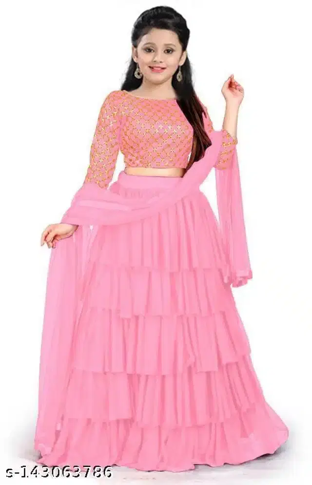 Satin Lehenga Choli With Dupatta for Girls (Pink, 6-7 Years)