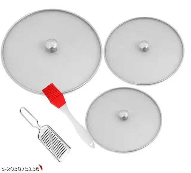 Metal Net Lids, 3 Pcs with Cheese Grater & Oil Brush, Red & Silver, Set of 5