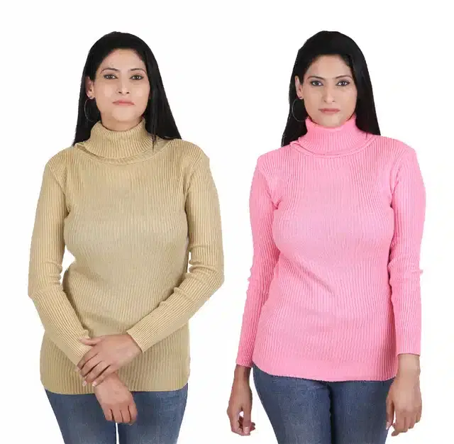 Full Sleeves High Neck Sweater for Women, Pack of 2 (Beige & Pink, S)