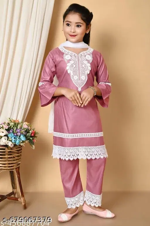 Embellished Lace Rayon Kurta Set for Girls (Onion, 11-12 Years)