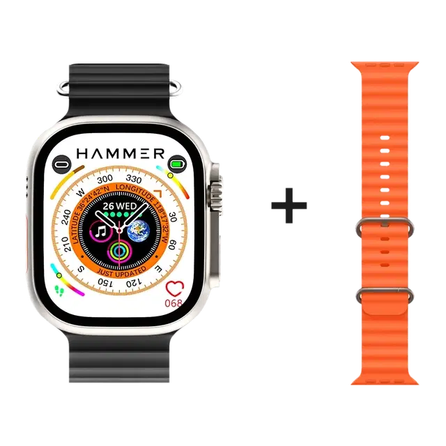 Hammer Ultra Classic 2.01" Biggest AOD|In-Built Games|BT Calling With 1 Extra Starp Smartwatch (Orange Strap, Onesize)