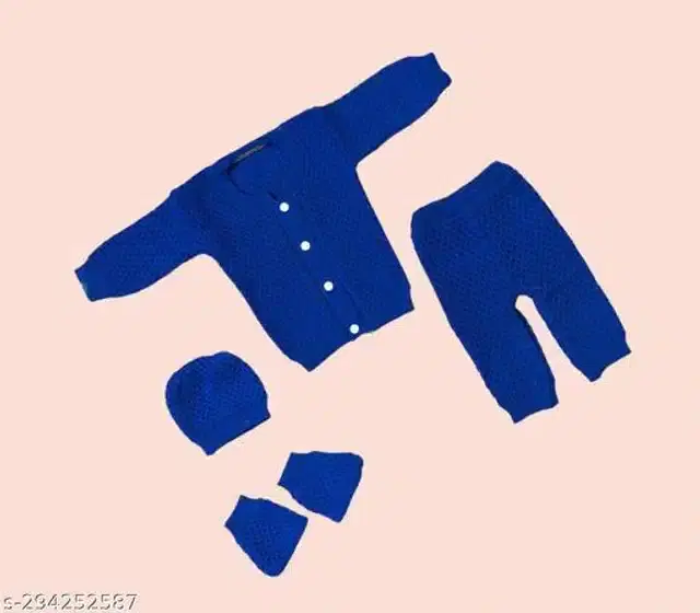 Woolen Solid Sweater with Pyjama & Cap with Socks for Kids (Blue, 0-3 Months)