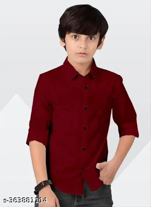 Solid Cotton Blend Long Sleeve Spread Collar Shirt for Boys (Maroon, 10-11 Years)