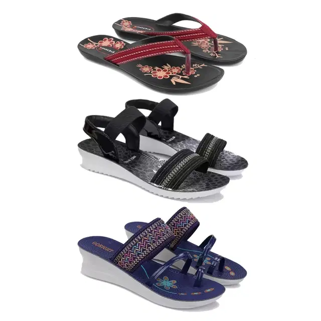 Flats with Heels & Sandals for Women, Set of 3 (Multicolor, 5)