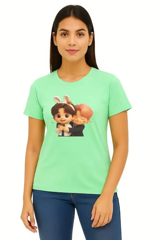 Cotton Blend Printed T-shirt for Women, Green (XL)