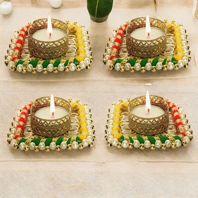 Metal Designer Tealight Candle Holder, Multicolor, 8x8x2 cm, Pack of 4