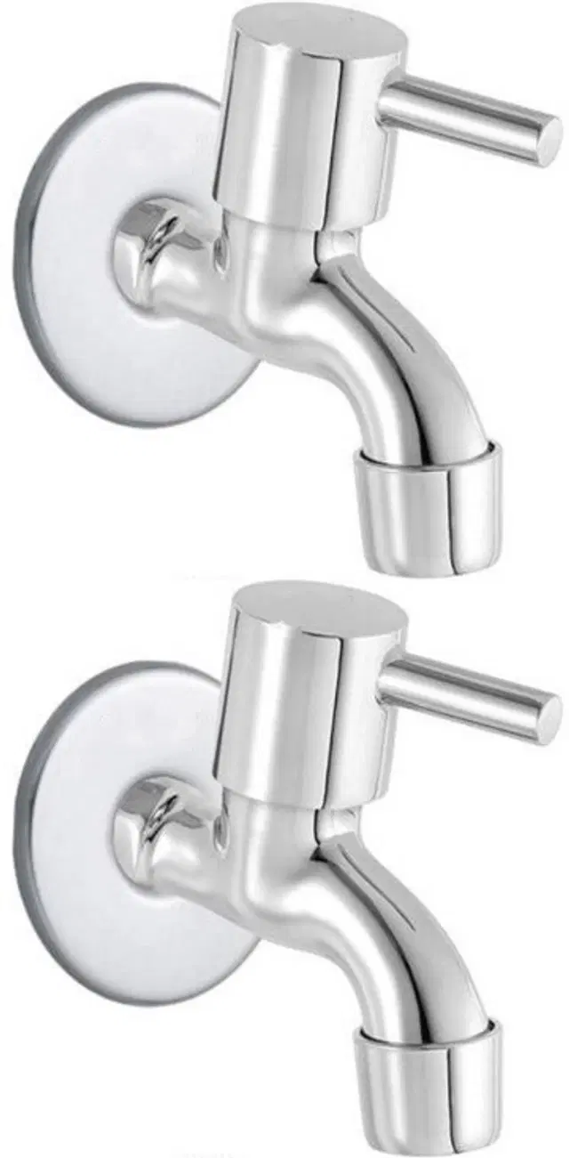Stainless Steel Short Body Bib Cock Tap with Wall Flange, Silver, Set of 2