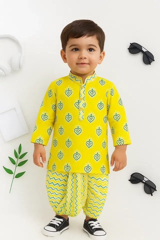 Cotton Blend Printed Kurta with Dhoti for Boys, Yellow (0-6 Months)