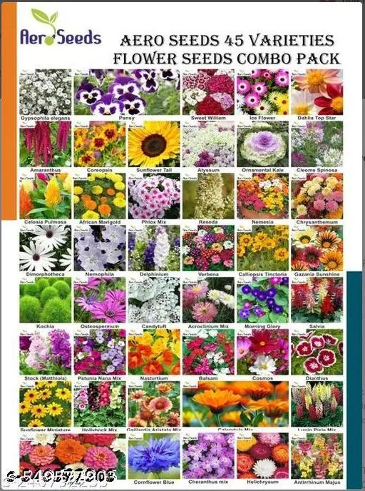 Aero Seeds 45 variety flower seeds combo pack with instruction manual.