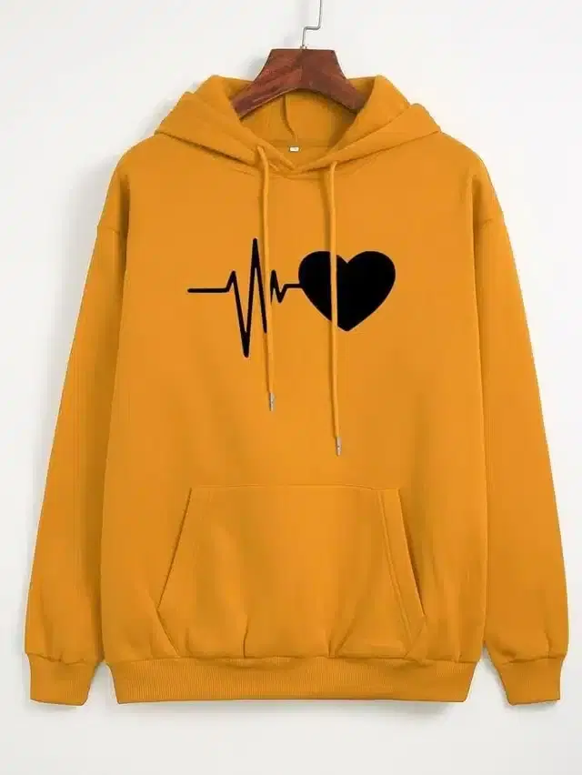 Fleece Printed Hoodie for Women (Mustard, M)