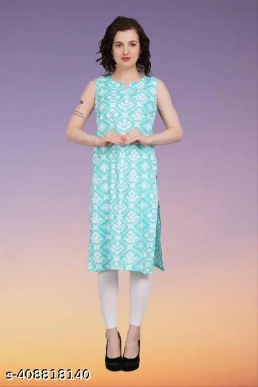 Polycotton Printed Kurti for Women, Blue (S)