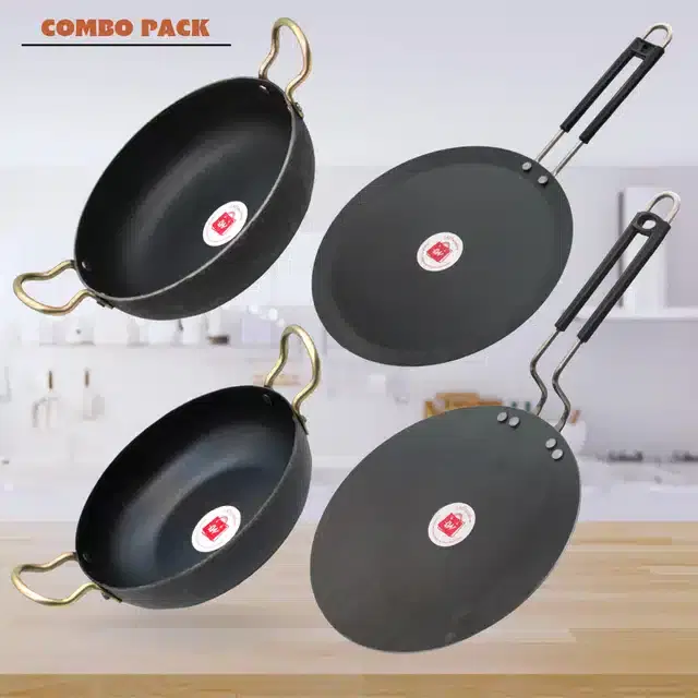Frying Pan & Tawa Set, Pack of 4, Black, 1200 ml