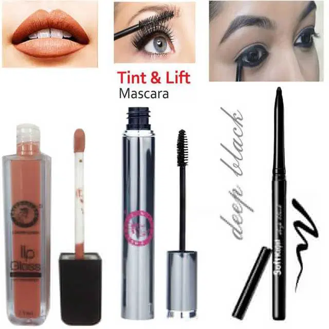 Combo of 1 Colors Queen Waterproof No Transfer Nude Lip Gloss, 7.5 ml & 1 Colors Queen Brow Tint & Lift Long Lash Waterproof Mascara, 6 ml & 1 Colors Queen 12 Hours Long-Lasting Smudgeproof Waterproof Deep Black Soft Kajal, R863