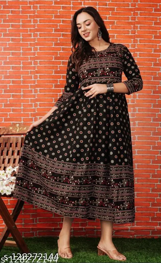 Rayon Printed Anarkali Kurti for Women (Black, XXL)