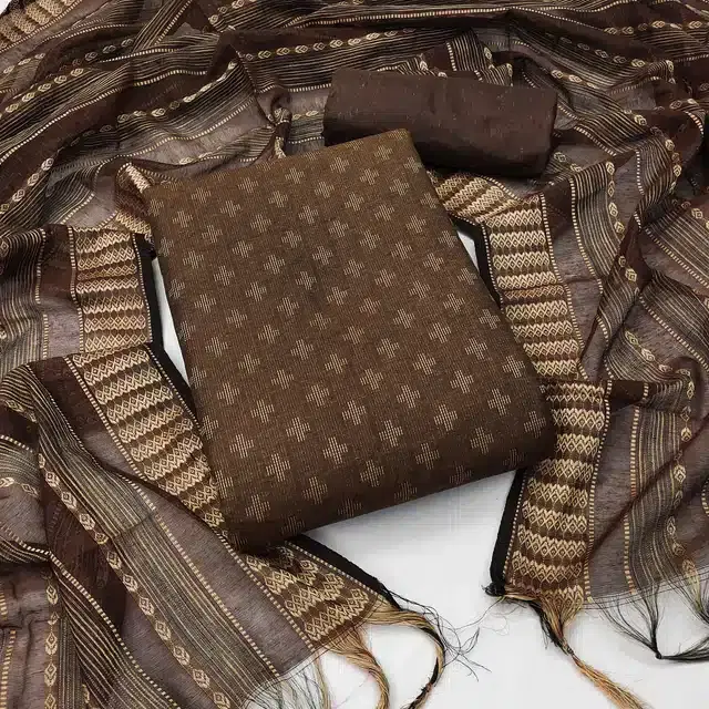 Jacquard Unstitched Dress Material for Women (Brown)