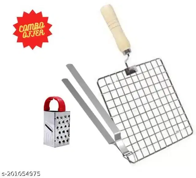 Stainless Steel BBQ Grill with Cooking Tong & Vegetable Grater, Silver, Set of 3