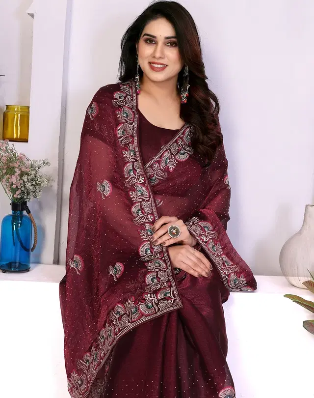 Sana Silk Embroidered Saree for Women (Maroon, Free Size)