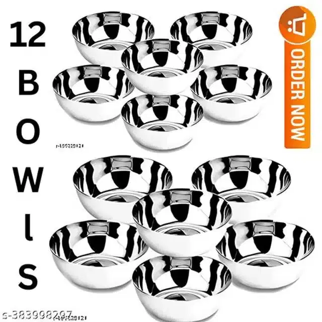 Stainless Steel Bowls, Silver, Pack of 12
