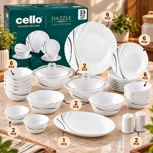 Cello Dazzle Grey Swirl Dinner Set 33 Pc | Set Of 33 | Microwave & Dishwasher Safe | Chip-Resistant Opalware | Lightweight & Bone-Ash Free
