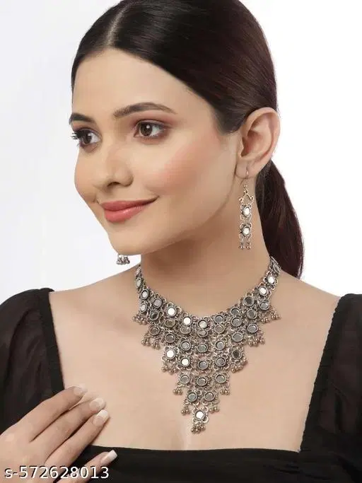 Latest stylish mirror silver oxidized jewellery set
