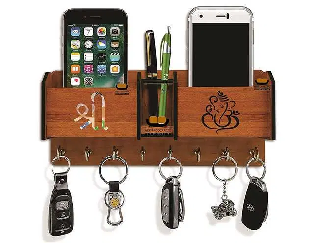 Wood 2 Pocket Mobile & Key Holder For Home Decor, Brown, NC-015