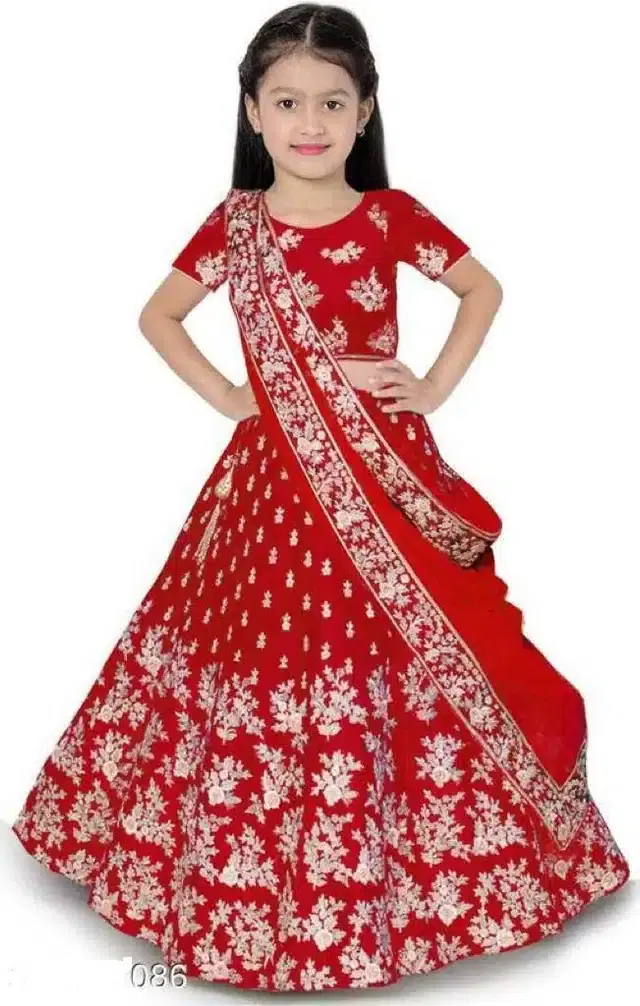 Net Embroidered Lehenga Choli for Girls (Red, 3-4 Years)
