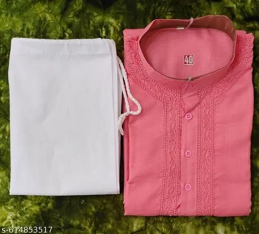 Cotton Solid Kurta Set for Men, White & Pink (M)