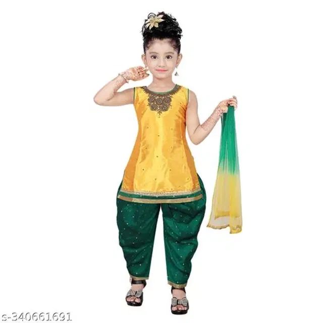 Dupion Silk Kurta Sets for Girls (Yellow & Green, 11-12 Years)