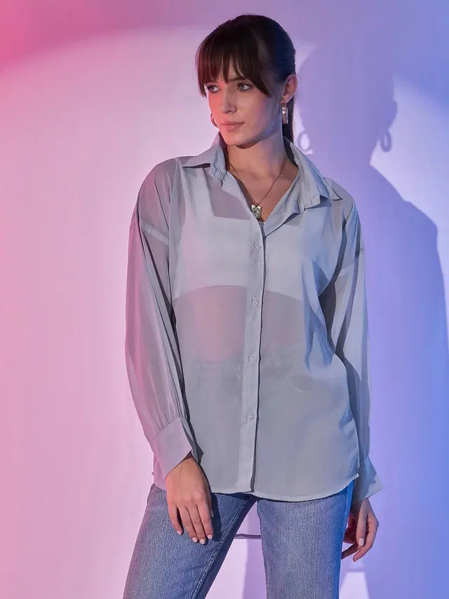 Full Sleeves Solid Shirt for Women (Grey, XXL)