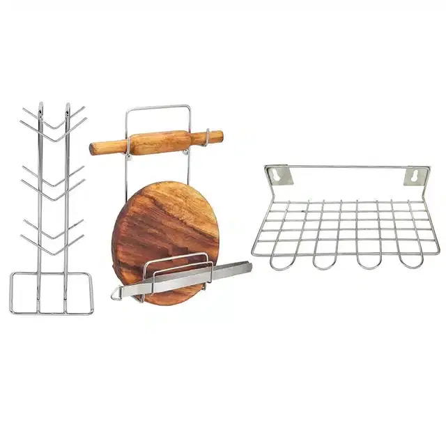 Stainless Steel Cup Stand & Chakla Belan Stand with Utensil Holder, Set of 3, Silver