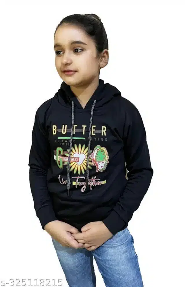 Fleece Printed Full Sleeves Hooded Sweatshirt for Girls (Black, 4-5 Years)